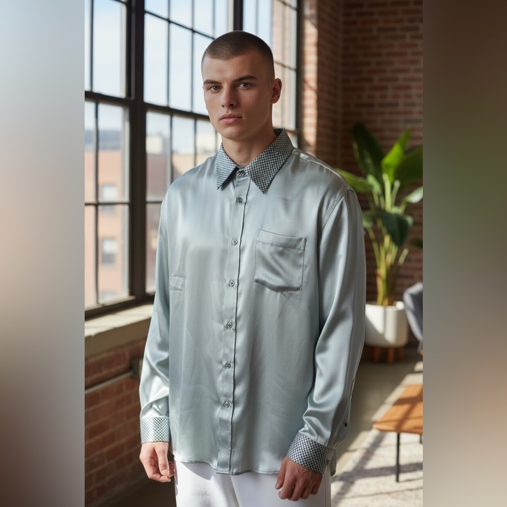 Vintage Men’s Silky Satin Button-Down | Icy Blue | Contrast Collar | Luxe Finish